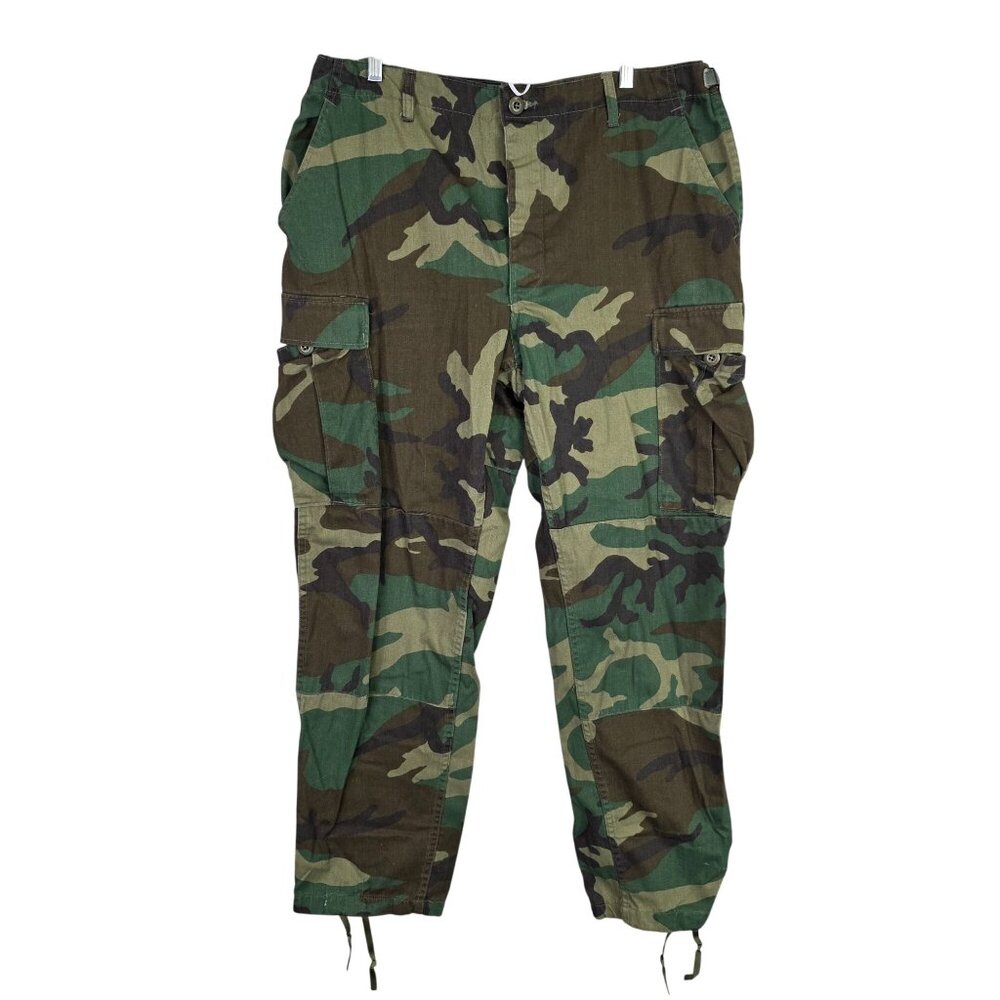 Mens Green Camo Cargo Pants Cotton Blend Adjustable Waist Drawstring Hem Size L